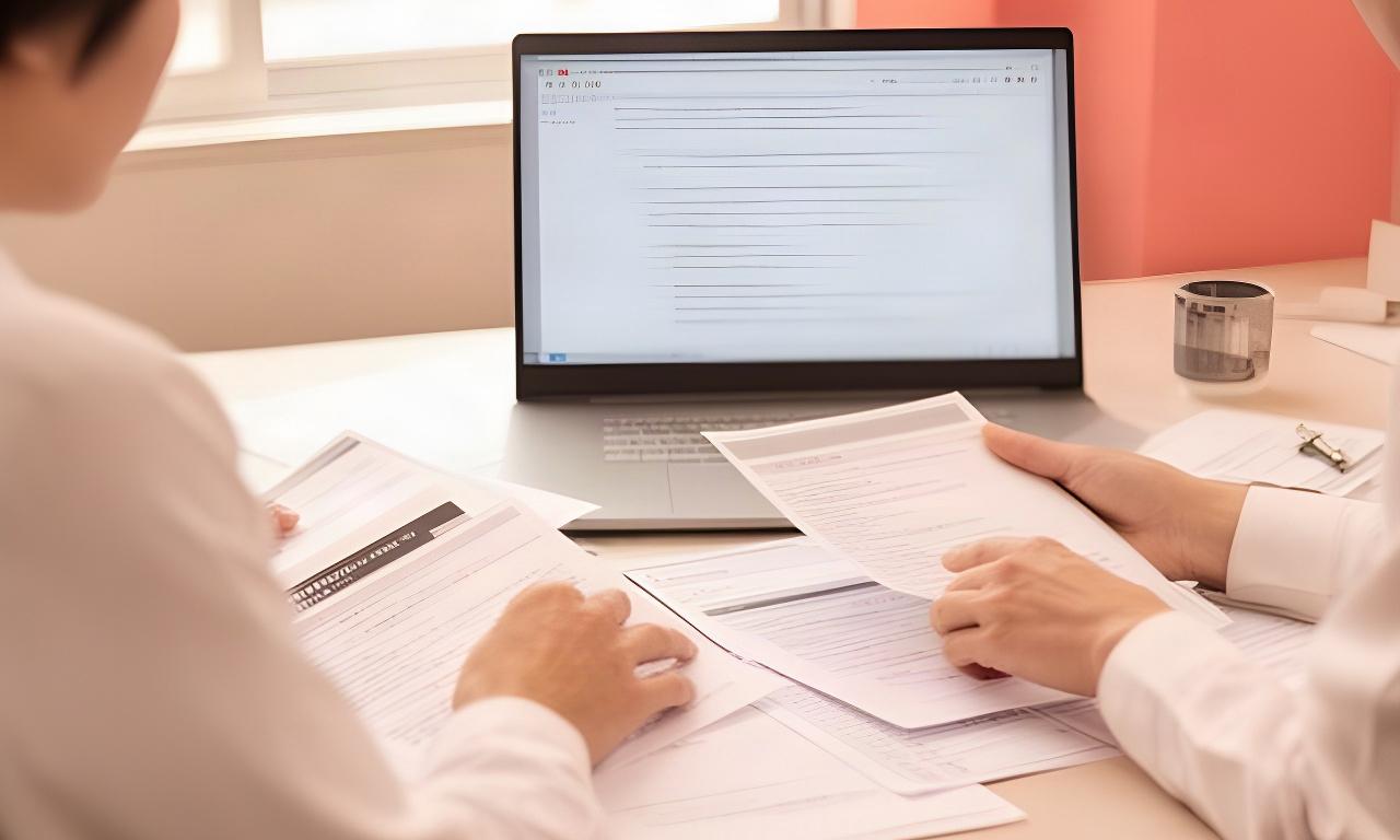 社内資料を参照しながら画面の情報を確認する担当者