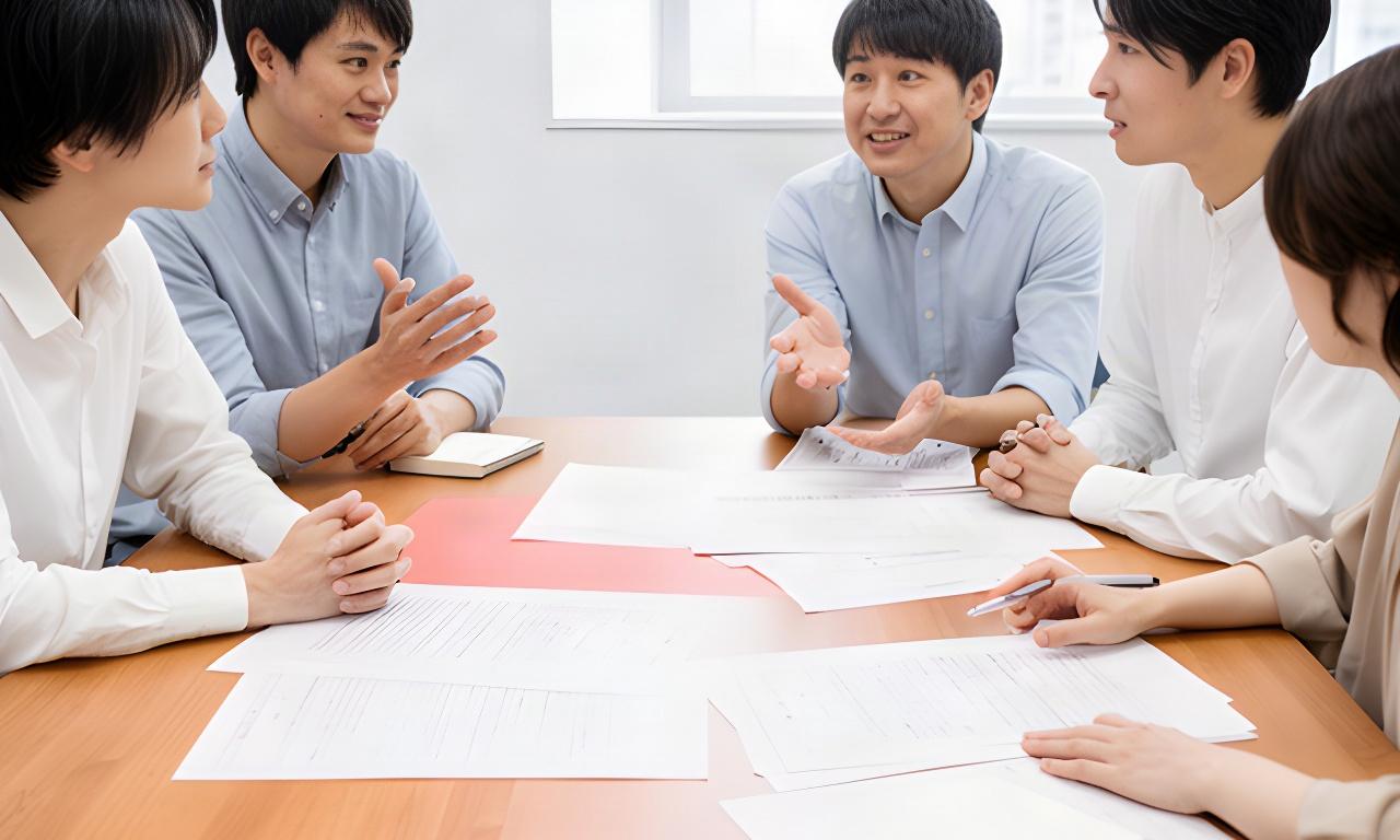 記録用紙を囲み小規模な業務試行を振り返る担当者たち